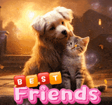 a dog and a kitten are sitting next to each other and the words best friends are above them