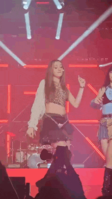 a woman in a leopard print crop top is dancing on a stage .
