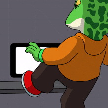 a cartoon drawing of a lizard wearing an orange hoodie