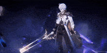 a person is holding a sword in their hand in a dark room .
