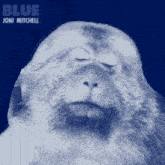 a close up of a monkey 's face with the words blue joni mitchell above it