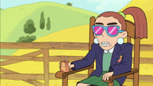 a cartoon character with braces is sitting in a rocking chair holding a box of orange juice