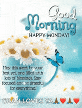 a good morning happy monday greeting card with flowers and butterflies