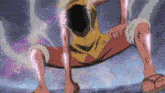 a cartoon character with a yellow shirt and red shorts is kneeling down