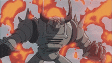 a cartoon drawing of a robot with horns surrounded by fire