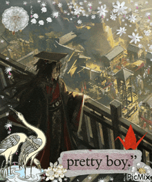 a picture of a man standing on a balcony with the words pretty boy below him