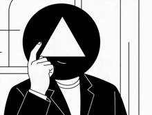 a black and white drawing of a man with a triangle on his head