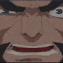a close up of a cartoon character 's face with a red mouth .