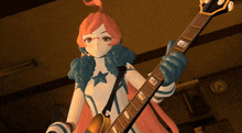 a girl with glasses is holding a guitar in a room with a clock in the background