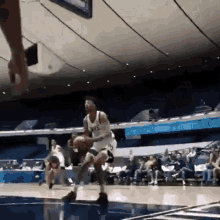a basketball player is dribbling the ball on a court in front of a crowd
