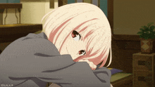 a drawing of a girl with white hair and red eyes has the letters os / a / a b on the bottom