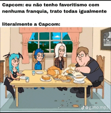 a cartoon of a group of people sitting around a table with a caption that says capcom