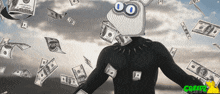 a man in a black suit is surrounded by dollar bills that are falling from the sky