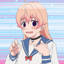 a girl with a choker around her neck looks surprised