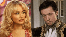 a woman in a red dress and a man in a black and gold robe are next to each other