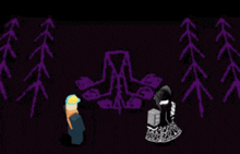 a black background with purple trees and a drawing of a man and a woman standing in front of a purple symbol