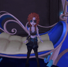 a cartoon character with red hair is standing in front of a bed