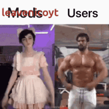 a woman in a pink dress and a muscular man in white shorts are standing next to each other .