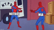 a cartoon of spider-man pointing at another spider-man in front of a nypd truck .
