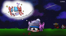 a cartoon drawing of a girl with a bandage on her head and the word luma on the bottom right