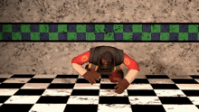a cartoon character crawls on a checkered floor