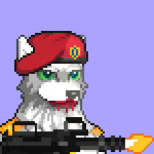 a pixel art of a husky wearing a red beret