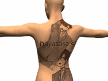 a person has a tattoo on their back that says hayasaki < 3