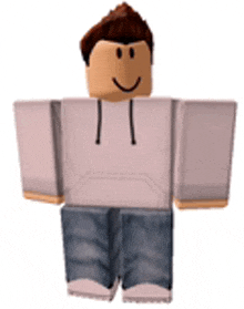 a roblox character is wearing a pink hoodie and blue jeans and smiling .