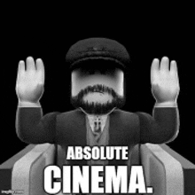 a roblox character with a beard and hat is sitting in a chair with his hands up .