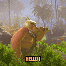 a cartoon character is standing in a lush green forest and says hello