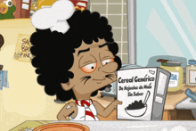 a cartoon chef is reading a box of cereal
