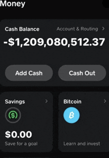 a screenshot of a money app showing a cash balance of 1,209,080,51237