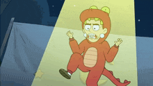 a cartoon character is wearing a dinosaur costume and looking scared