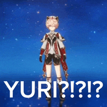 a character from a video game is standing in front of a blue sky and says yuri ?