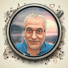 a man with glasses and a beard is surrounded by musical notes