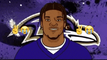 a cartoon of a man in a purple jersey with tears coming out of his eyes and a peace sign .