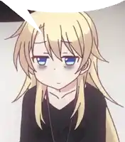 a blonde anime girl with blue eyes and a black shirt has a speech bubble over her head
