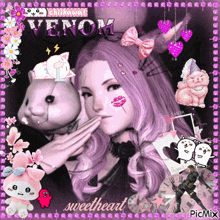 a girl with purple hair is surrounded by stuffed animals and the words sweetheart on the bottom