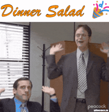 two men in suits and ties are waving their hands in front of a sign that says dinner salad