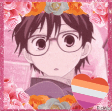 a picture of a boy with glasses in a pink frame