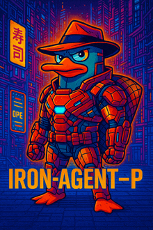 a cartoon of perry the platypus in an iron-agent-p costume
