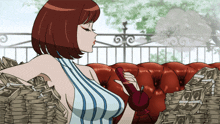 a woman sits on a couch surrounded by a pile of money