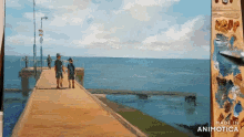 a painting of people walking on a pier with the words made in animatica on the bottom