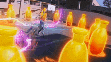 a basketball court with a bunch of yellow bottles with smiley faces