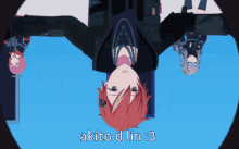 a girl with red hair is upside down and says akito d lin