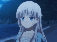a girl with long white hair and blue eyes looks at the camera