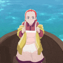 a cartoon girl with red hair is standing in a boat in the water