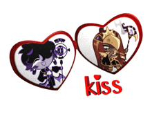 a couple of heart shaped glasses with the word kiss on the bottom
