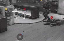 a black and white photo of a video game with a few markers on the floor including one that says 7 m