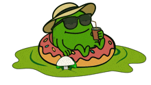 a frog wearing sunglasses and a hat is sitting on a donut holding a drink